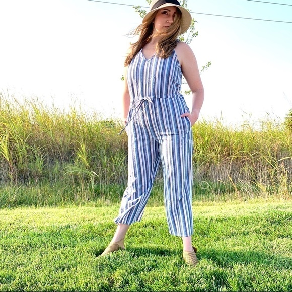 NWT Drew Anthropologie Blue Stripe Linen Jumpsuit - Picture 1 of 15